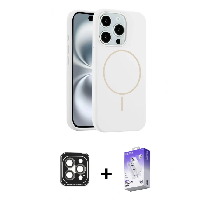 MARSİLYAN™- iPhone 15 Pro Max Kılıf Yankı Form Serisi - Siyah Bilvis 5in1 3D Magic Cam Ekran Koruyucu + PVD Metal Kamera Lens - GI