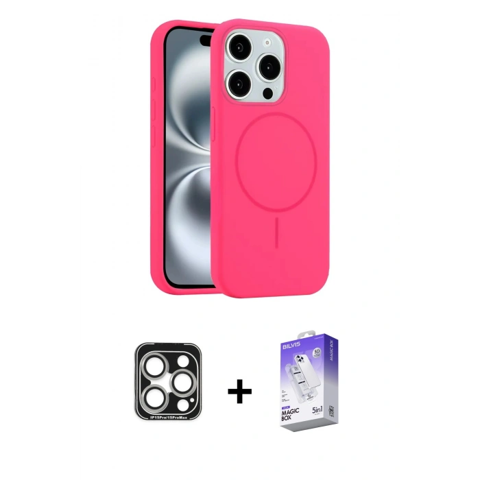 MARSİLYAN™- iPhone 15 Pro Max Kılıf Yankı Form Serisi - Siyah Bilvis 5in1 3D Magic Cam Ekran Koruyucu + PVD Metal Kamera Lens - GS