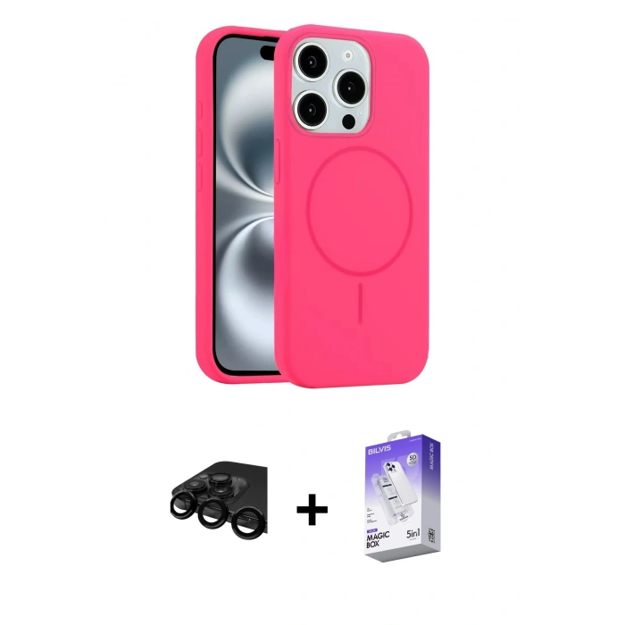 MARSİLYAN™- iPhone 15 Pro Max Kılıf Yankı Form Serisi - Siyah Bilvis 5in1 3D Magic Cam Ekran Koruyucu + Siyah Raze Metal Kamera Lens
