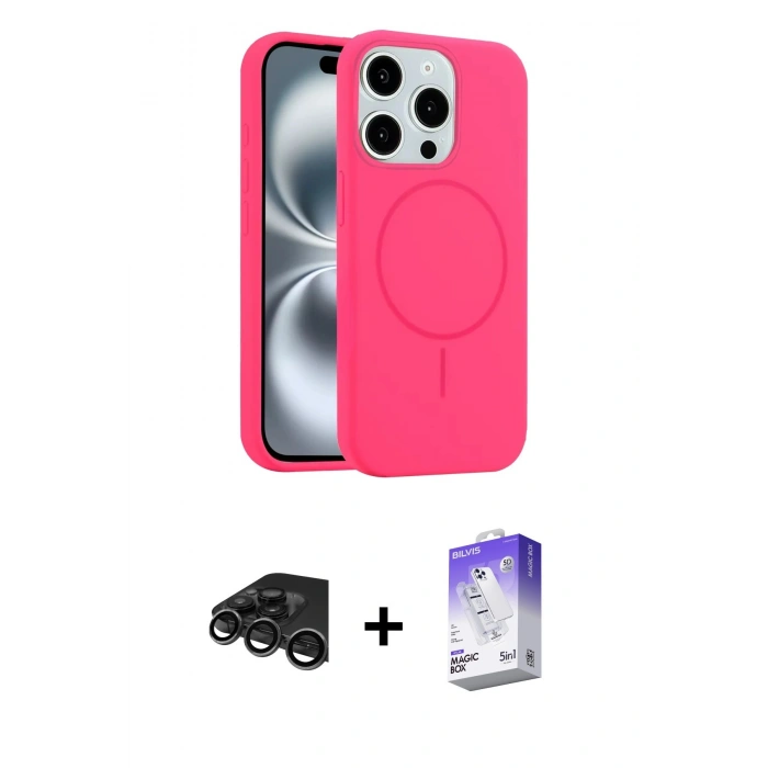 MARSİLYAN™- iPhone 15 Pro Max Kılıf Yankı Form Serisi - Siyah Bilvis 5in1 3D Magic Cam Ekran Koruyucu + Raze Metal Kamera Lens - TMGI