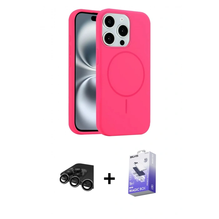 MARSİLYAN™- iPhone 15 Pro Max Kılıf Yankı Form Serisi - Siyah Bilvis 5in1 5D Magic Hayalet Cam Ekran Koruyucu + Raze Metal Kamera Lens - TMGI
