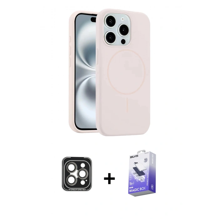 MARSİLYAN™- iPhone 15 Pro Max Kılıf Yankı Form Serisi - Siyah Bilvis 5in1 5D Magic Hayalet Cam Ekran Koruyucu + PVD Metal Kamera Lens - GI