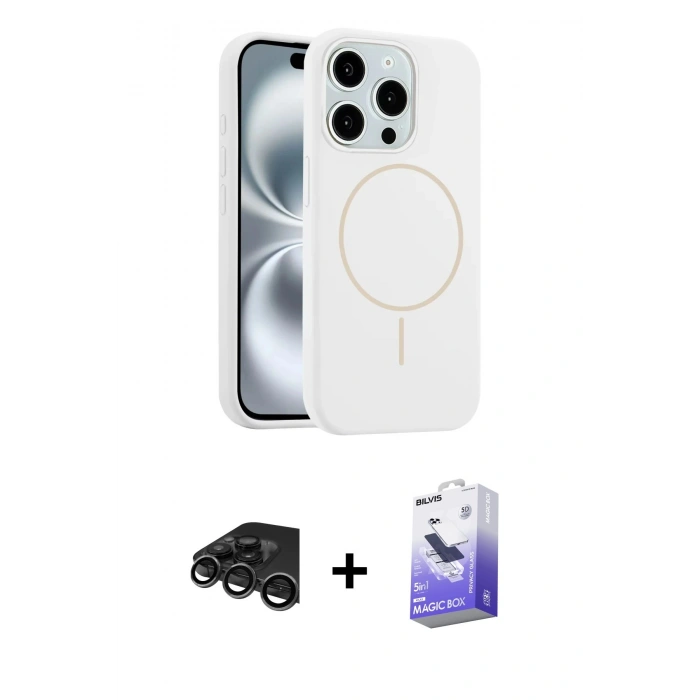 MARSİLYAN™- iPhone 15 Pro Max Kılıf Yankı Form Serisi - Siyah Bilvis 5in1 5D Magic Hayalet Cam Ekran Koruyucu + Raze Metal Kamera Lens - TMGI