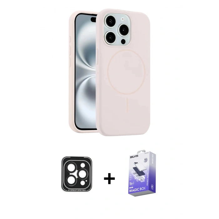 MARSİLYAN™- iPhone 15 Pro Max Kılıf Yankı Form Serisi - Siyah Bilvis 5in1 5D Magic Hayalet Cam Ekran Koruyucu + PVD Metal Kamera Lens - SH