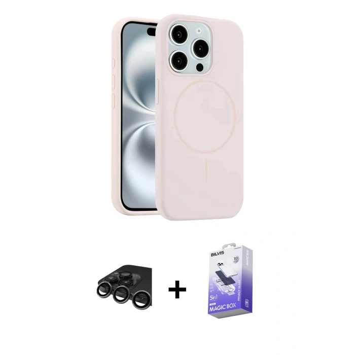 MARSİLYAN™- iPhone 15 Pro Max Kılıf Yankı Form Serisi - Siyah Bilvis 5in1 5D Magic Hayalet Cam Ekran Koruyucu + Raze Metal Kamera Lens - TMGI
