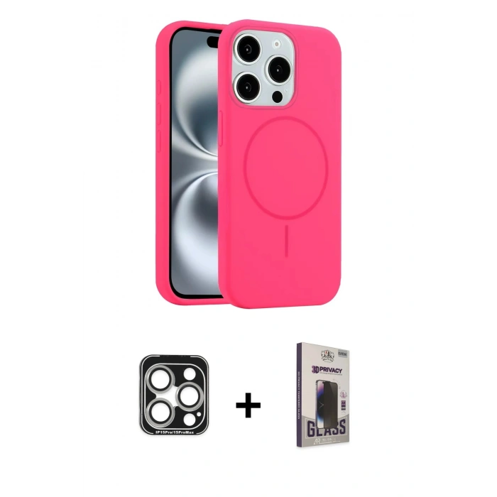 MARSİLYAN™- iPhone 15 Pro Max Kılıf Yankı Form Serisi - Siyah Bilvis Hayalet Cam Ekran Koruyucu + PVD Metal Kamera Lens - GS