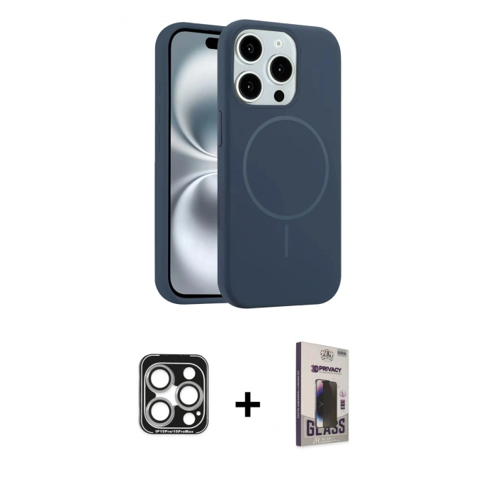 MARSİLYAN™- iPhone 15 Pro Max Kılıf Yankı Form Serisi - Siyah Bilvis Hayalet Cam Ekran Koruyucu + PVD Metal Kamera Lens - GS