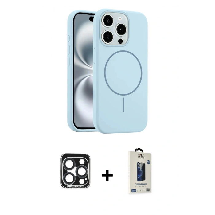 MARSİLYAN™- iPhone 15 Pro Max Kılıf Yankı Form Serisi - Siyah Bilvis Hayalet Cam Ekran Koruyucu + Lacivert PVD Metal Kamera Lens