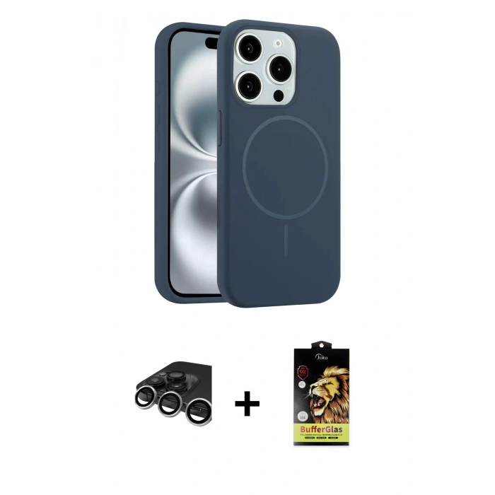 MARSİLYAN™- iPhone 15 Pro Max Kılıf Yankı Form Serisi - Siyah Buffer Cam Ekran Koruyucu + Raze Metal Kamera Lens - GS