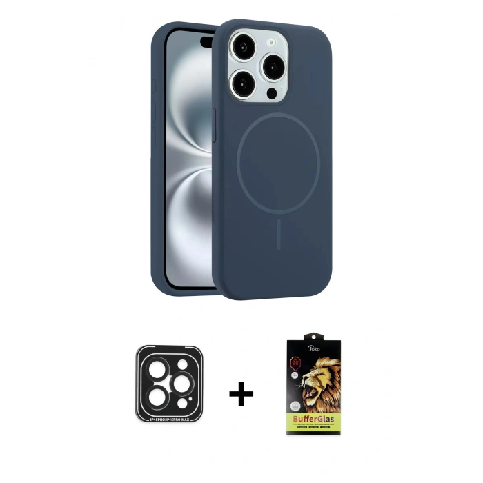MARSİLYAN™- iPhone 15 Pro Max Kılıf Yankı Form Serisi - Siyah Buffer Cam Ekran Koruyucu + PVD Metal Kamera Lens - SH