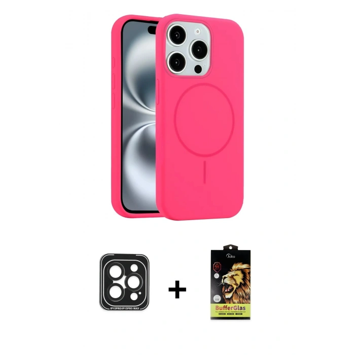 MARSİLYAN™- iPhone 15 Pro Max Kılıf Yankı Form Serisi - Siyah Buffer Cam Ekran Koruyucu + PVD Metal Kamera Lens - SH