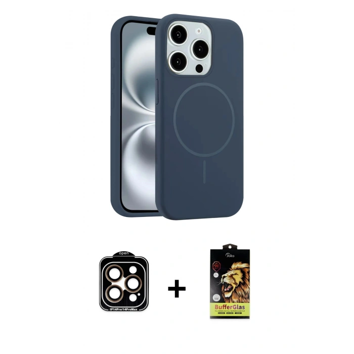 MARSİLYAN™- iPhone 15 Pro Max Kılıf Yankı Form Serisi - Siyah Buffer Cam Ekran Koruyucu + PVD Metal Kamera Lens - TU