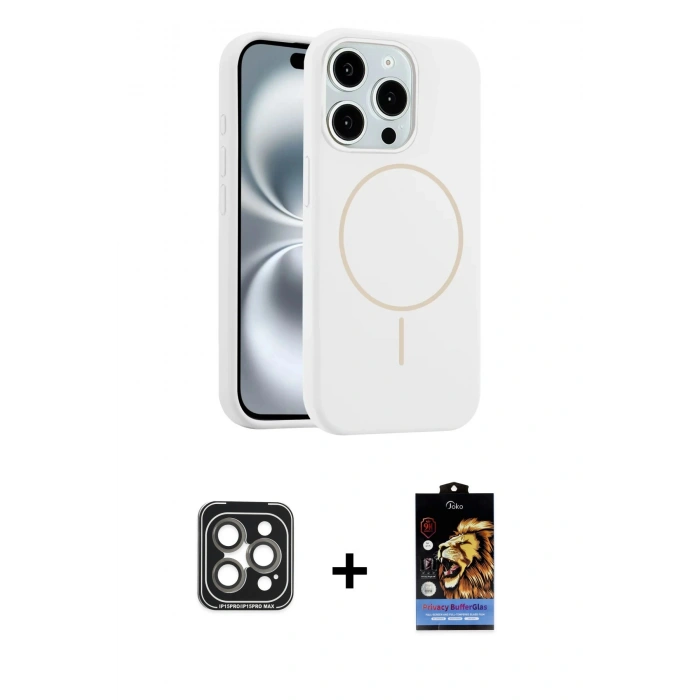 MARSİLYAN™- iPhone 15 Pro Max Kılıf Yankı Form Serisi - Siyah Buffer Hayalet Cam Ekran Koruyucu + PVD Metal Kamera Lens - GI