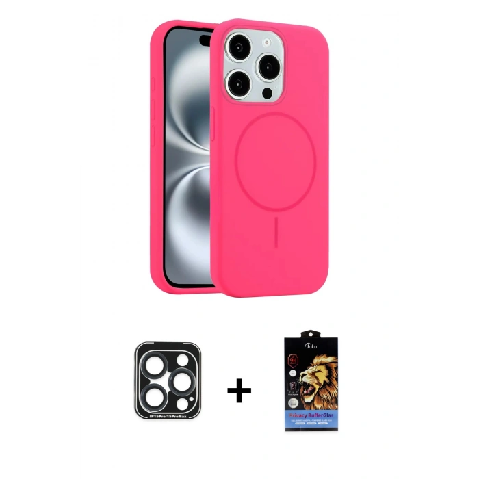 MARSİLYAN™- iPhone 15 Pro Max Kılıf Yankı Form Serisi - Siyah Buffer Hayalet Cam Ekran Koruyucu + PVD Metal Kamera Lens - LT