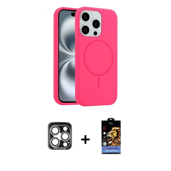 MARSİLYAN™- iPhone 15 Pro Max Kılıf Yankı Form Serisi - Siyah Buffer Hayalet Cam Ekran Koruyucu + PVD Metal Kamera Lens - GS