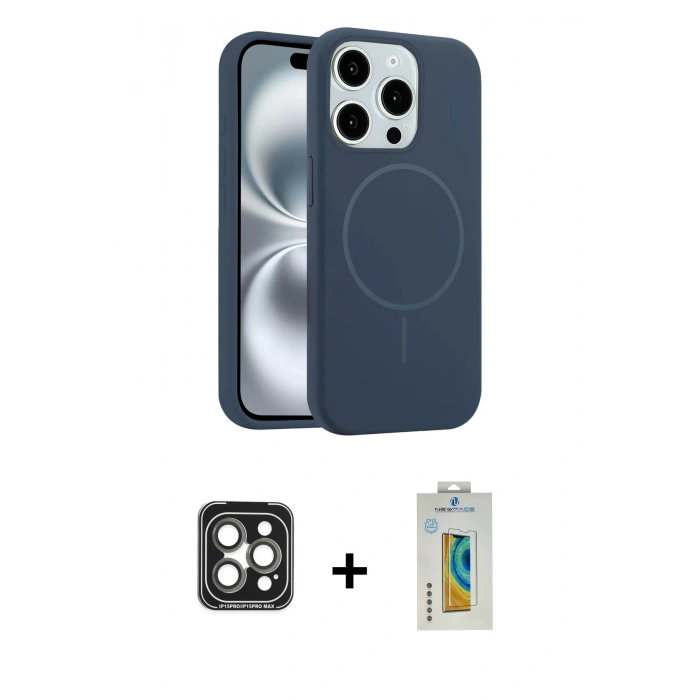 MARSİLYAN™- iPhone 15 Pro Max Kılıf Yankı Form Serisi - Siyah Polymer Nano Ekran Koruyucu + PVD Metal Kamera Lens - GI