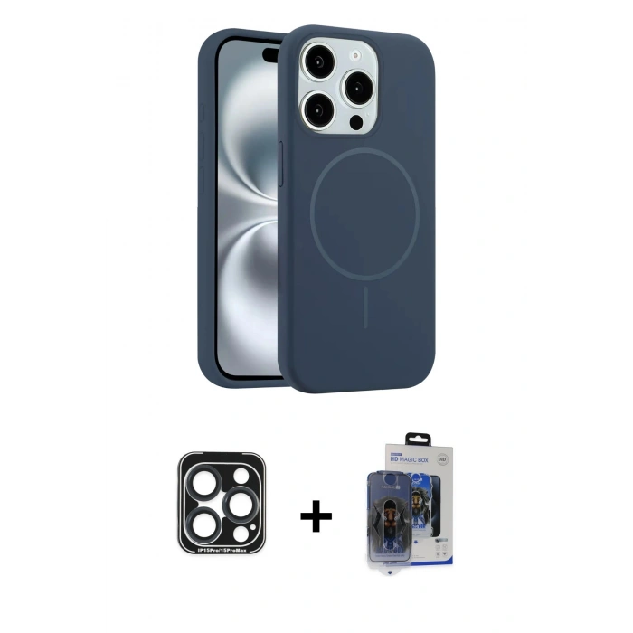 MARSİLYAN™- iPhone 15 Pro Max Kılıf Yankı Form Serisi - Siyah Vanessa Magic Cam + Lacivert PVD Metal Kamera Lens
