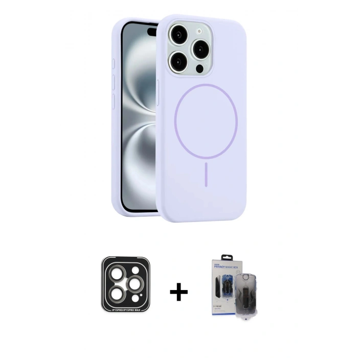 MARSİLYAN™- iPhone 15 Pro Max Kılıf Yankı Form Serisi - Siyah Vanessa Magic Hayalet Cam + PVD Metal Kamera Lens - GI