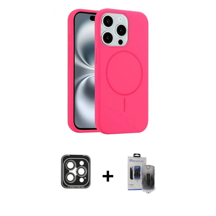 MARSİLYAN™- iPhone 15 Pro Max Kılıf Yankı Form Serisi - Siyah Vanessa Magic Hayalet Cam + PVD Metal Kamera Lens - GI
