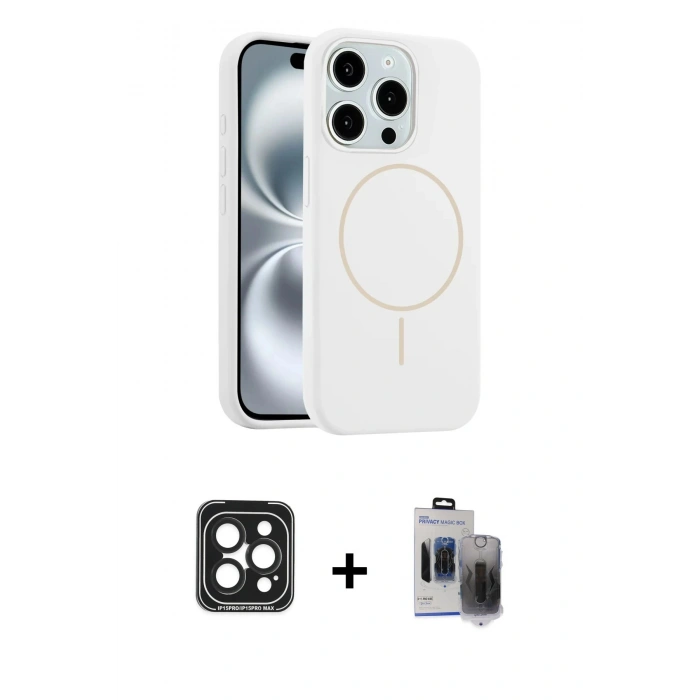 MARSİLYAN™- iPhone 15 Pro Max Kılıf Yankı Form Serisi - Siyah Vanessa Magic Hayalet Cam + PVD Metal Kamera Lens - SH