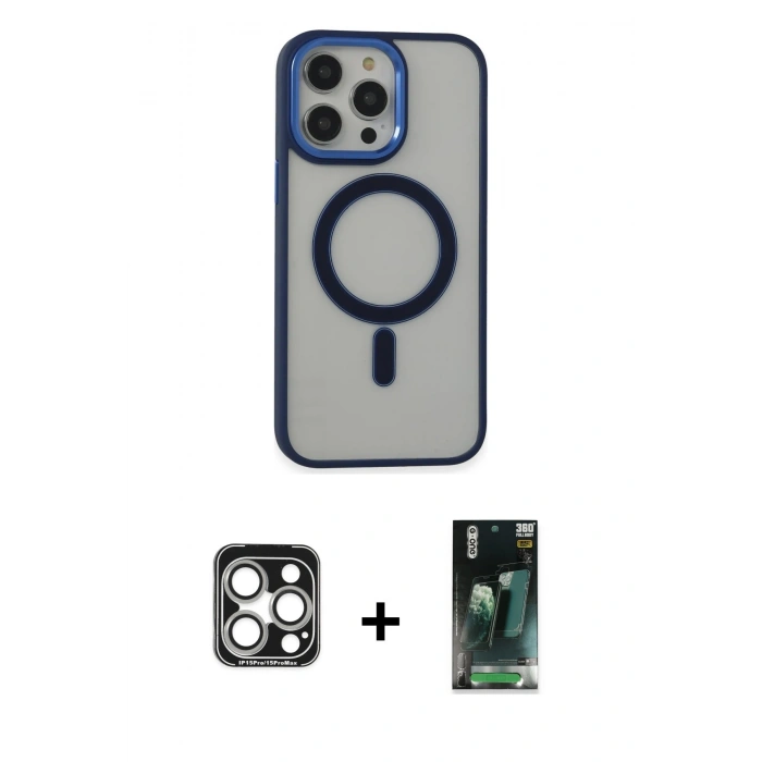 MARSİLYAN™- iPhone 15 Pro Max Kılıf Yankı Işık Özel Seri - Şeffaf 360 Full Body Arka Koruyucu + PVD Metal Kamera Lens - GS