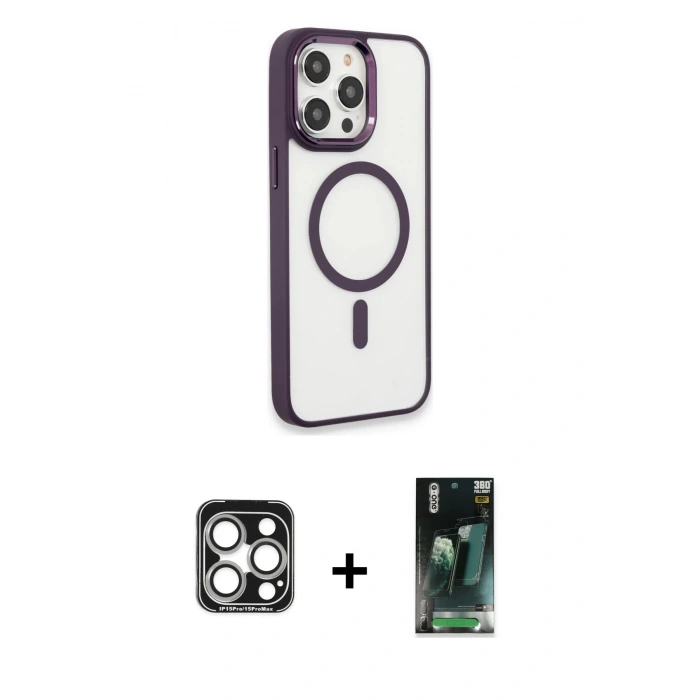 MARSİLYAN™- iPhone 15 Pro Max Kılıf Yankı Işık Özel Seri - Şeffaf 360 Full Body Arka Koruyucu + PVD Metal Kamera Lens - GS