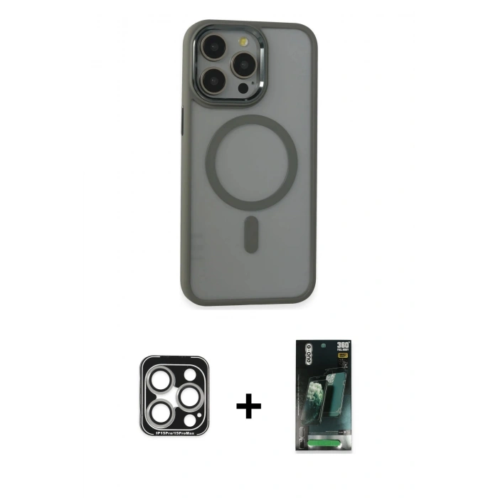 MARSİLYAN™- iPhone 15 Pro Max Kılıf Yankı Işık Özel Seri - Şeffaf 360 Full Body Arka Koruyucu + PVD Metal Kamera Lens - GS