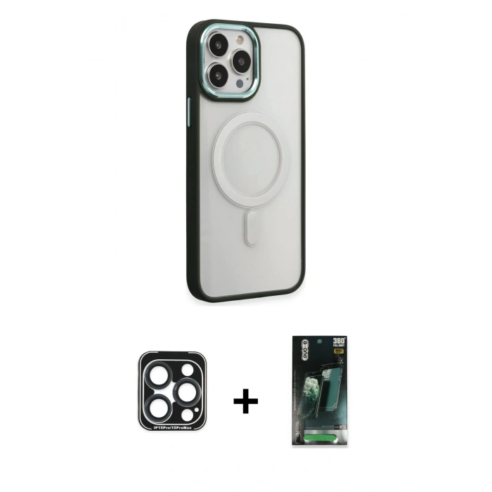 MARSİLYAN™- iPhone 15 Pro Max Kılıf Yankı Işık Özel Seri - Şeffaf 360 Full Body Arka Koruyucu + PVD Metal Kamera Lens - LT