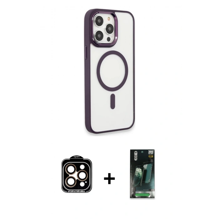 MARSİLYAN™- iPhone 15 Pro Max Kılıf Yankı Işık Özel Seri - Şeffaf 360 Full Body Arka Koruyucu + PVD Metal Kamera Lens - TU