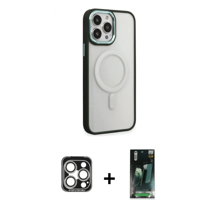 MARSİLYAN™- iPhone 15 Pro Max Kılıf Yankı Işık Özel Seri - Şeffaf 360 Full Body Arka Koruyucu + PVD Metal Kamera Lens - GS