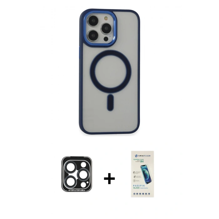 MARSİLYAN™- iPhone 15 Pro Max Kılıf Yankı Işık Özel Seri - Şeffaf Pasifik Cam Ekran Koruyucu + PVD Metal Kamera Lens - LT