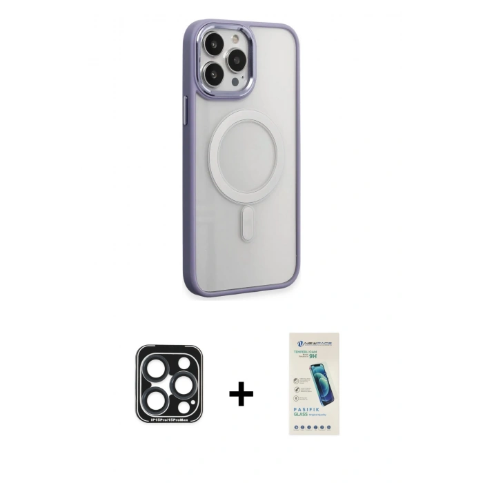MARSİLYAN™- iPhone 15 Pro Max Kılıf Yankı Işık Özel Seri - Şeffaf Pasifik Cam Ekran Koruyucu + PVD Metal Kamera Lens - LT
