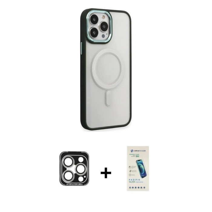 MARSİLYAN™- iPhone 15 Pro Max Kılıf Yankı Işık Özel Seri - Şeffaf Pasifik Cam Ekran Koruyucu + PVD Metal Kamera Lens - GS