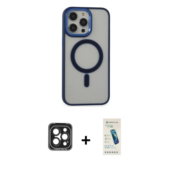 MARSİLYAN™- iPhone 15 Pro Max Kılıf Yankı Işık Özel Seri - Şeffaf Pasifik Cam Ekran Koruyucu + PVD Metal Kamera Lens - SH