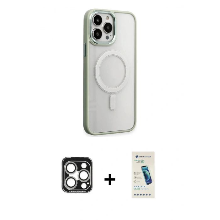 MARSİLYAN™- iPhone 15 Pro Max Kılıf Yankı Işık Özel Seri - Şeffaf Pasifik Cam Ekran Koruyucu + PVD Metal Kamera Lens - GS