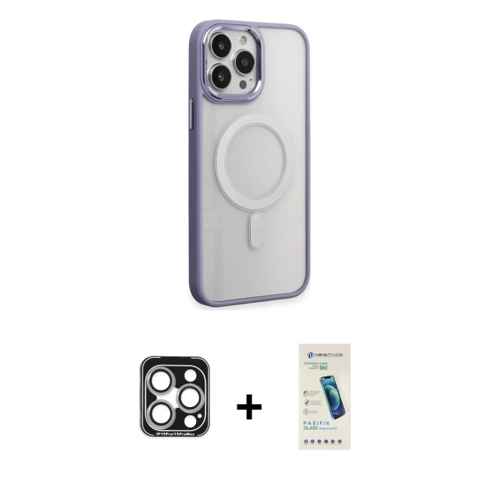 MARSİLYAN™- iPhone 15 Pro Max Kılıf Yankı Işık Özel Seri - Şeffaf Pasifik Cam Ekran Koruyucu + PVD Metal Kamera Lens - GS