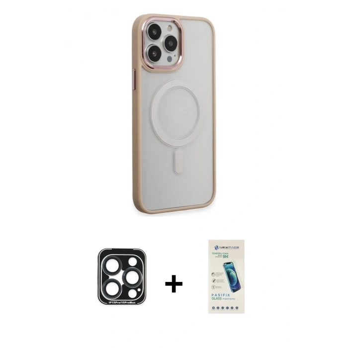 MARSİLYAN™- iPhone 15 Pro Max Kılıf Yankı Işık Özel Seri - Şeffaf Pasifik Cam Ekran Koruyucu + PVD Metal Kamera Lens - LT