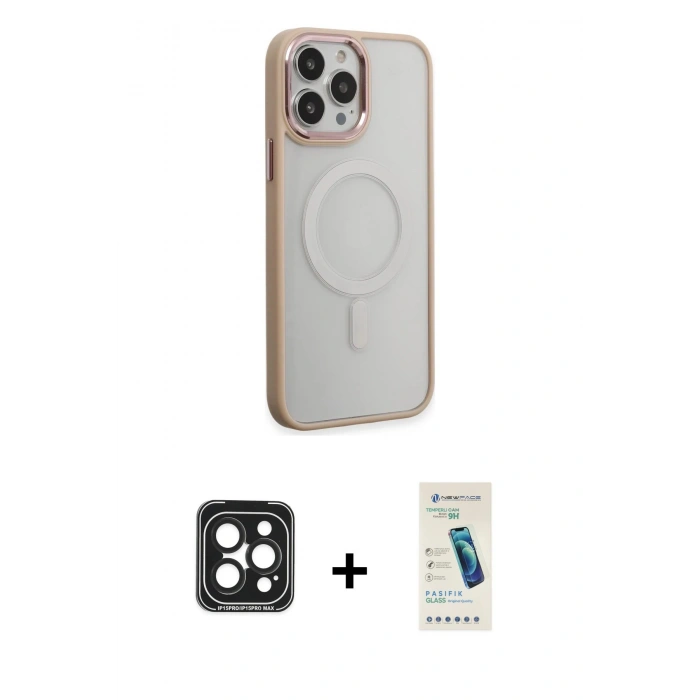 MARSİLYAN™- iPhone 15 Pro Max Kılıf Yankı Işık Özel Seri - Şeffaf Pasifik Cam Ekran Koruyucu + PVD Metal Kamera Lens - SH