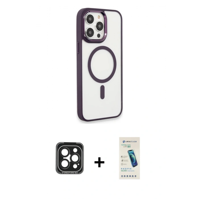 MARSİLYAN™- iPhone 15 Pro Max Kılıf Yankı Işık Özel Seri - Şeffaf Pasifik Cam Ekran Koruyucu + PVD Metal Kamera Lens - SH