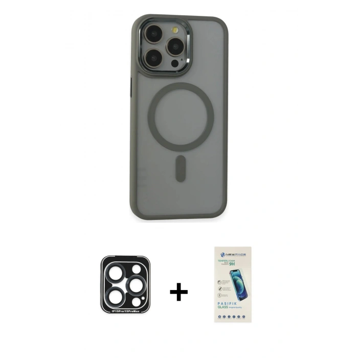 MARSİLYAN™- iPhone 15 Pro Max Kılıf Yankı Işık Özel Seri - Şeffaf Pasifik Cam Ekran Koruyucu + PVD Metal Kamera Lens - LT