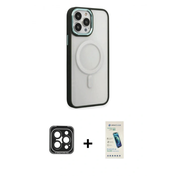 MARSİLYAN™- iPhone 15 Pro Max Kılıf Yankı Işık Özel Seri - Şeffaf Pasifik Cam Ekran Koruyucu + Siyah PVD Metal Kamera Lens
