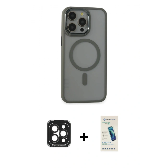 MARSİLYAN™- iPhone 15 Pro Max Kılıf Yankı Işık Özel Seri - Şeffaf Pasifik Cam Ekran Koruyucu + Siyah PVD Metal Kamera Lens