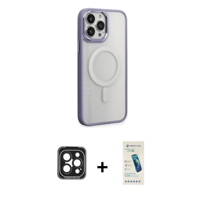 MARSİLYAN™- iPhone 15 Pro Max Kılıf Yankı Işık Özel Seri - Şeffaf Pasifik Cam Ekran Koruyucu + Siyah PVD Metal Kamera Lens