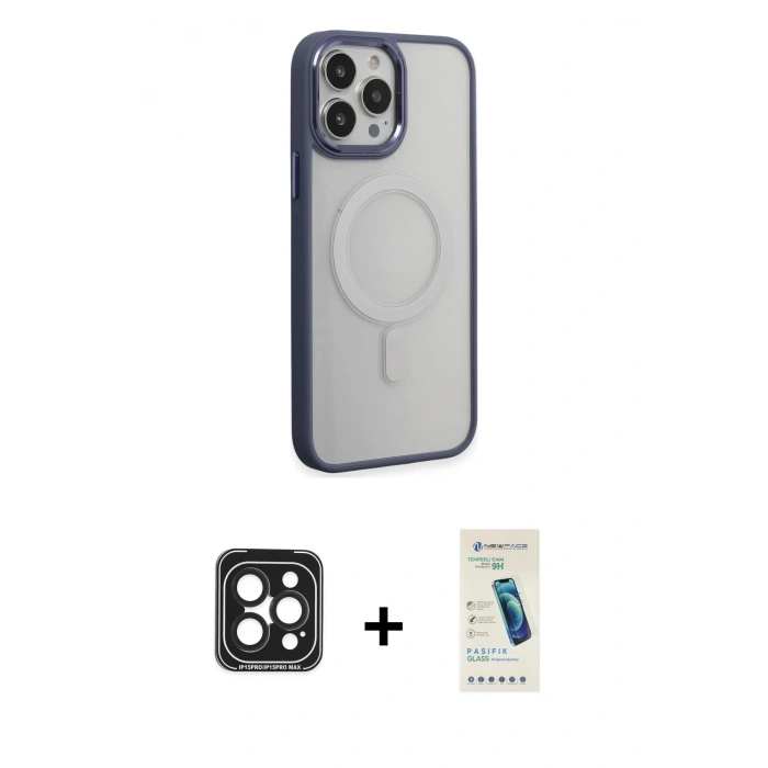 MARSİLYAN™- iPhone 15 Pro Max Kılıf Yankı Işık Özel Seri - Şeffaf Pasifik Cam Ekran Koruyucu + Siyah PVD Metal Kamera Lens