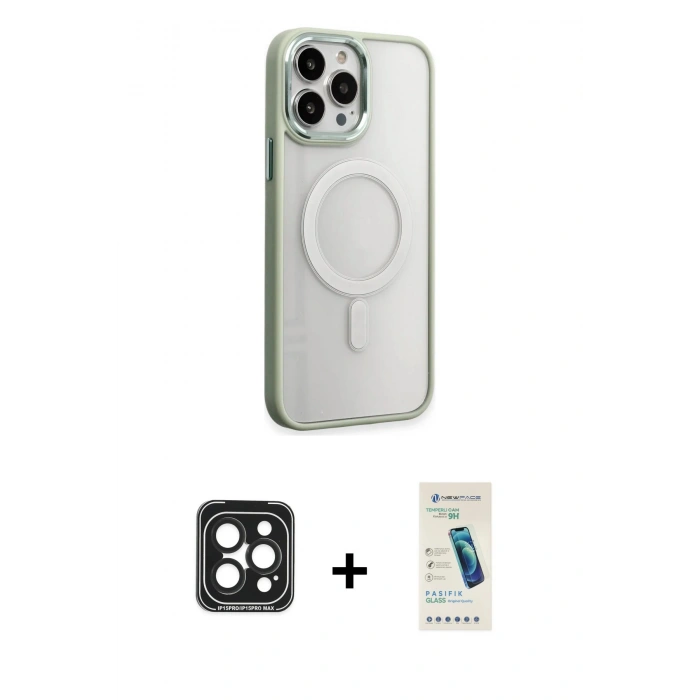 MARSİLYAN™- iPhone 15 Pro Max Kılıf Yankı Işık Özel Seri - Şeffaf Pasifik Cam Ekran Koruyucu + Siyah PVD Metal Kamera Lens