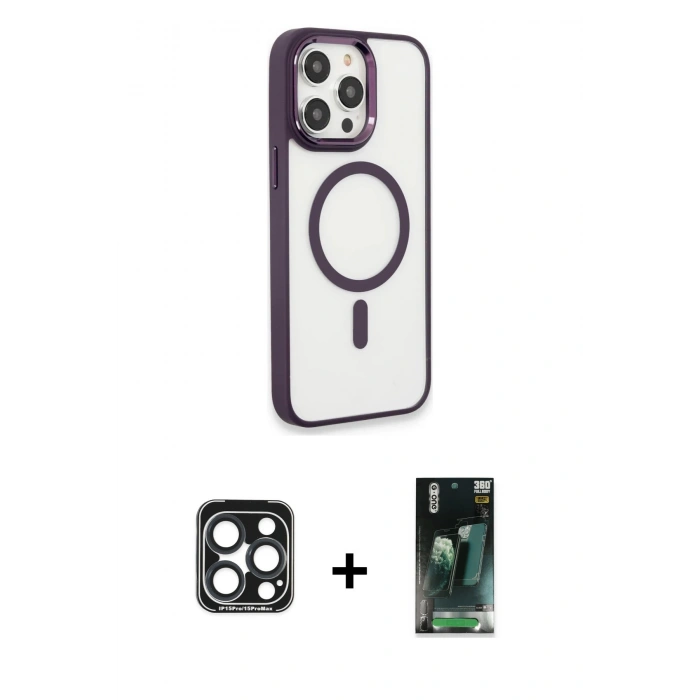 MARSİLYAN™- iPhone 15 Pro Max Kılıf Yankı Işık Özel Seri - Siyah 360 Mat Full Body Arka Koruyucu + PVD Metal Kamera Lens - LT