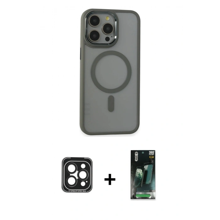 MARSİLYAN™- iPhone 15 Pro Max Kılıf Yankı Işık Özel Seri - Siyah 360 Mat Full Body Arka Koruyucu + PVD Metal Kamera Lens - SH