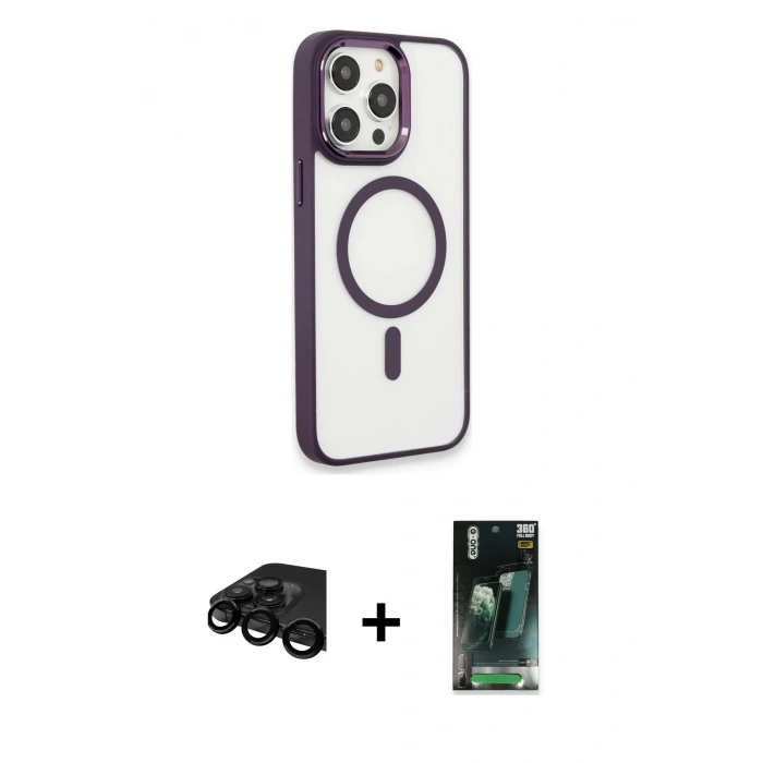 MARSİLYAN™- iPhone 15 Pro Max Kılıf Yankı Işık Özel Seri - Siyah 360 Mat Full Body Arka Koruyucu + Raze Metal Kamera Lens - SH