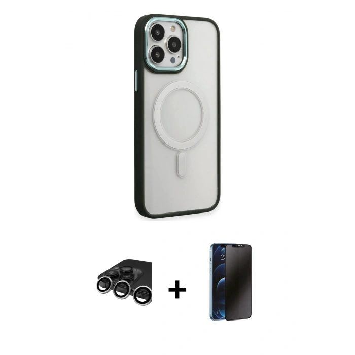 MARSİLYAN™- iPhone 15 Pro Max Kılıf Yankı Işık Özel Seri - Siyah 3D Antistatik Hayalet Cam Ekran Koruyucu + Raze Metal Kamera Lens - GS