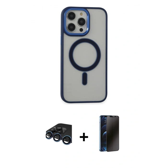 MARSİLYAN™- iPhone 15 Pro Max Kılıf Yankı Işık Özel Seri - Siyah 3D Antistatik Hayalet Cam Ekran Koruyucu + Lacivert Raze Metal Kamera Lens